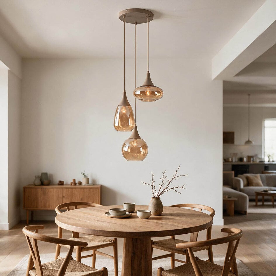 3-lichts hanglamp Loua met amber glas - zandbeige