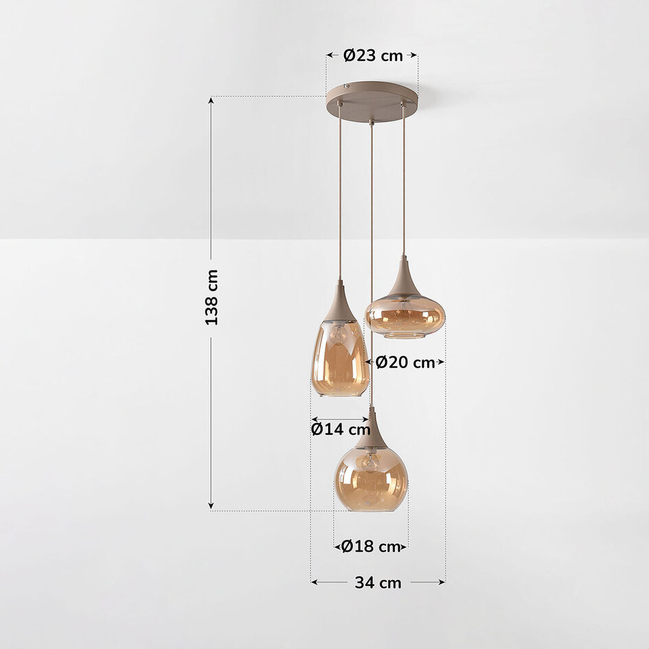 3-lichts hanglamp Loua met amber glas - zandbeige