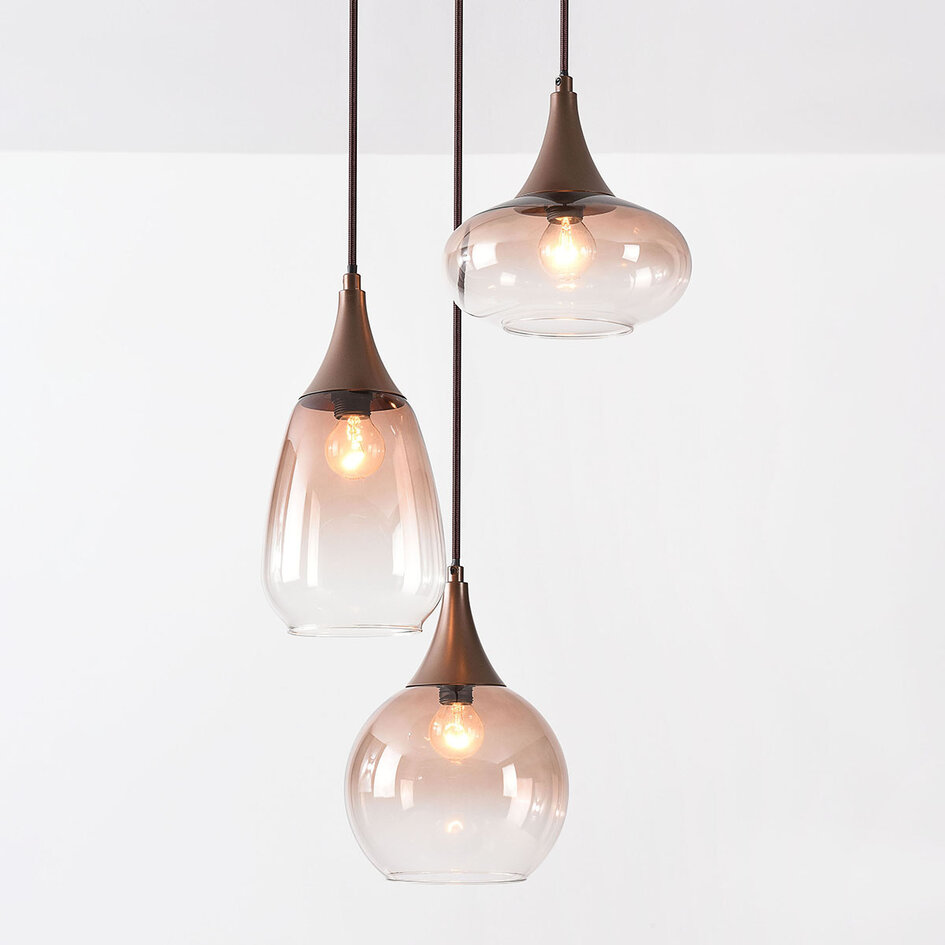 3-lichts hanglamp Loua met ombre glas - bruin