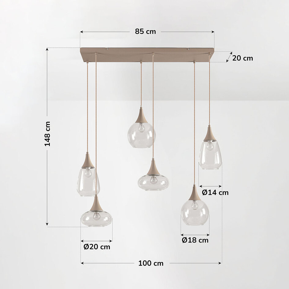 6-lichts hanglamp Loic met transparant glas - zandbeige