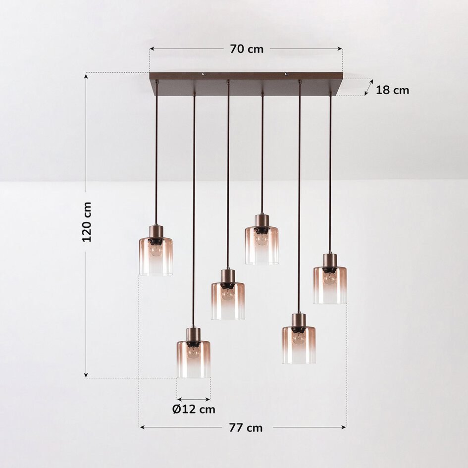 6-lichts hanglamp Palaio met ombre glas - bruin
