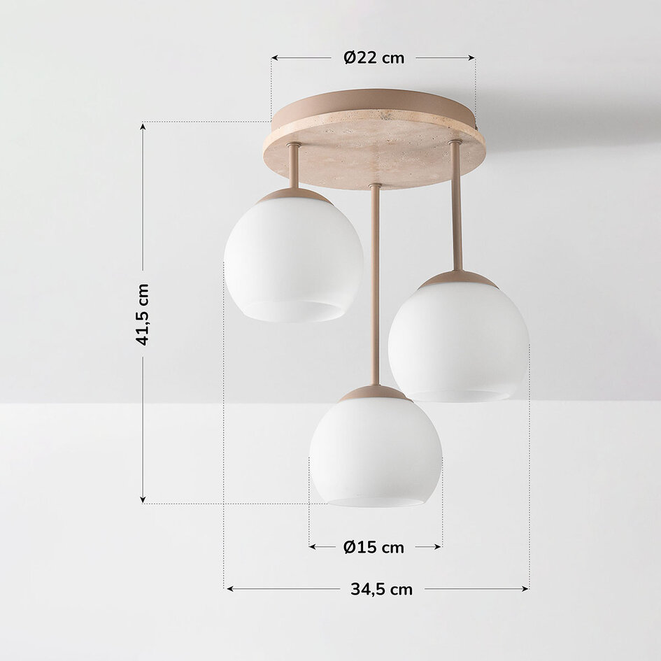 Plafondlamp Carati van travertin (natuursteen) met melkwit glas, 3-lichts - beige