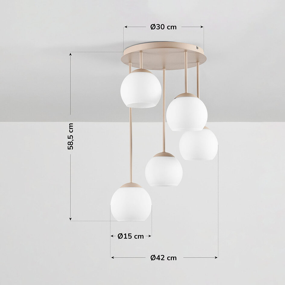 Plafondlamp Carat van travertin (natuursteen) met melkwit glas, 5-lichts - beige