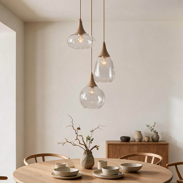 3-lichts hanglamp Loua met transparant glas - zandbeige