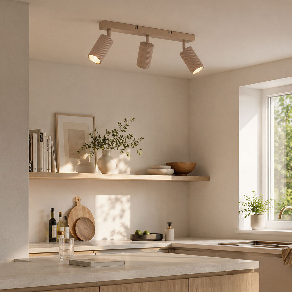 Plafondlamp Blaze met 3 geribbelde, verstelbare spots - zandbeige