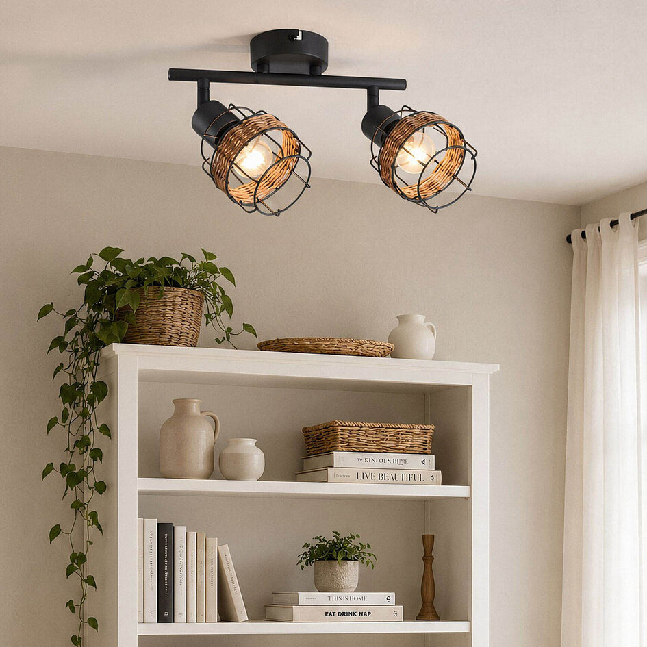 Plafondlamp Harun in rotan en zwart metaal, 2-lichts