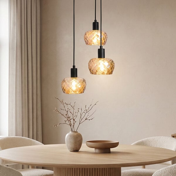 Moderne  mat zwarte hanglamp met amberkleurig glas, 3-lichts - Scott