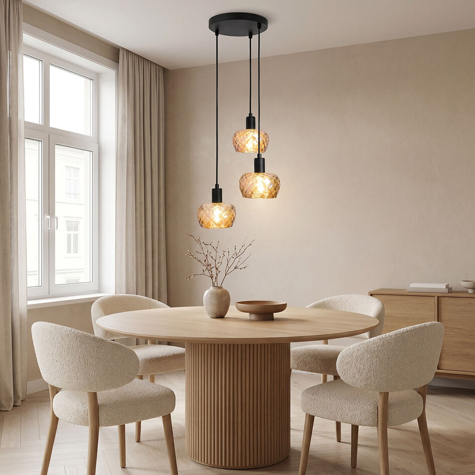 Moderne  mat zwarte hanglamp met amberkleurig glas, 3-lichts - Scott