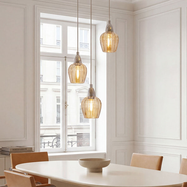 Chrome hanglamp met amber glas, 3-lichts - Vanity