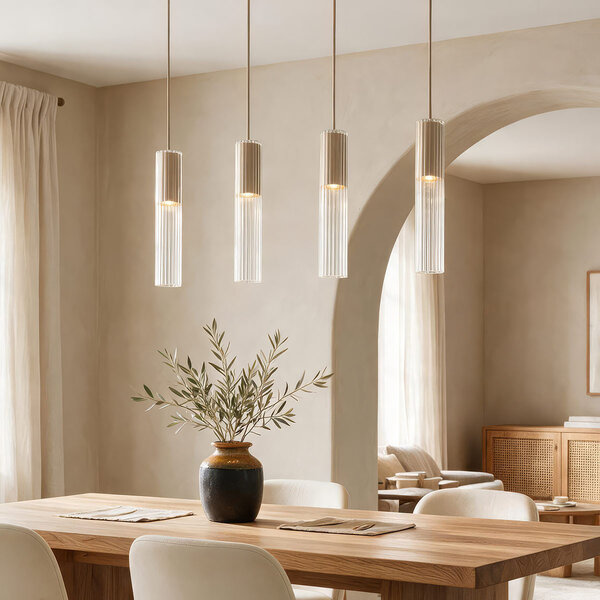 Hanglamp Frida beige met geribbeld glas, 4-lichts