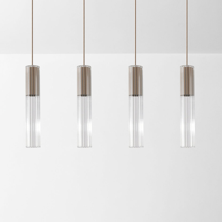 Hanglamp Frida beige met geribbeld glas, 4-lichts