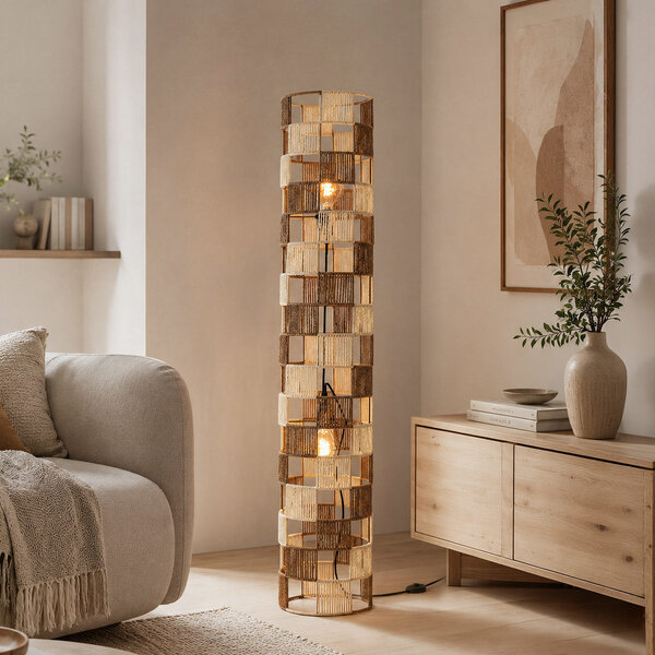 Staande lamp Ines met gevlochten touw - beige en bruin