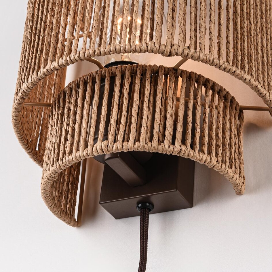 Wandlamp Navira met stekker van handgevlochten touw - naturel