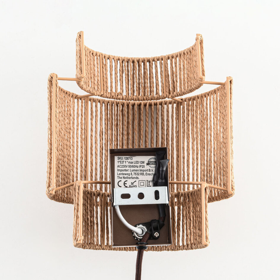 Wandlamp Navira met stekker van handgevlochten papiertouw - naturel