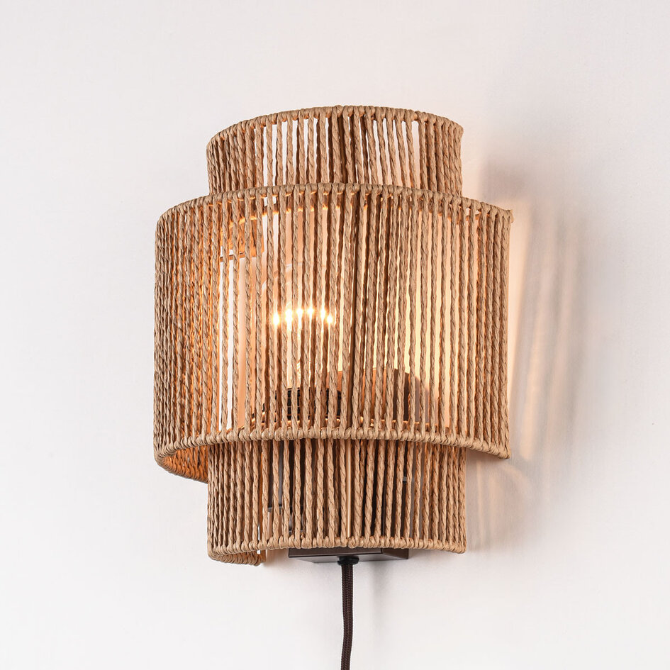 Wandlamp Navira met stekker van handgevlochten papiertouw - naturel
