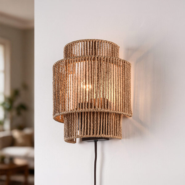 Wandlamp Navira met stekker van handgevlochten papiertouw - naturel