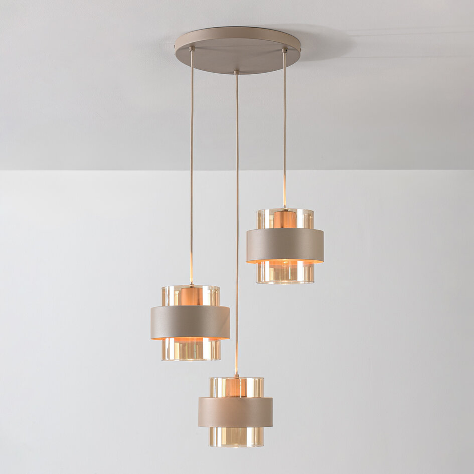 Hanglamp Kodi beige met amber glas, 3-lichts