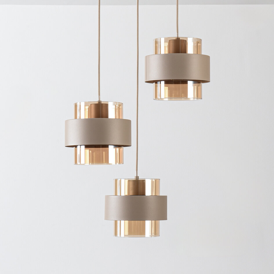 Hanglamp Kodi beige met amber glas, 3-lichts