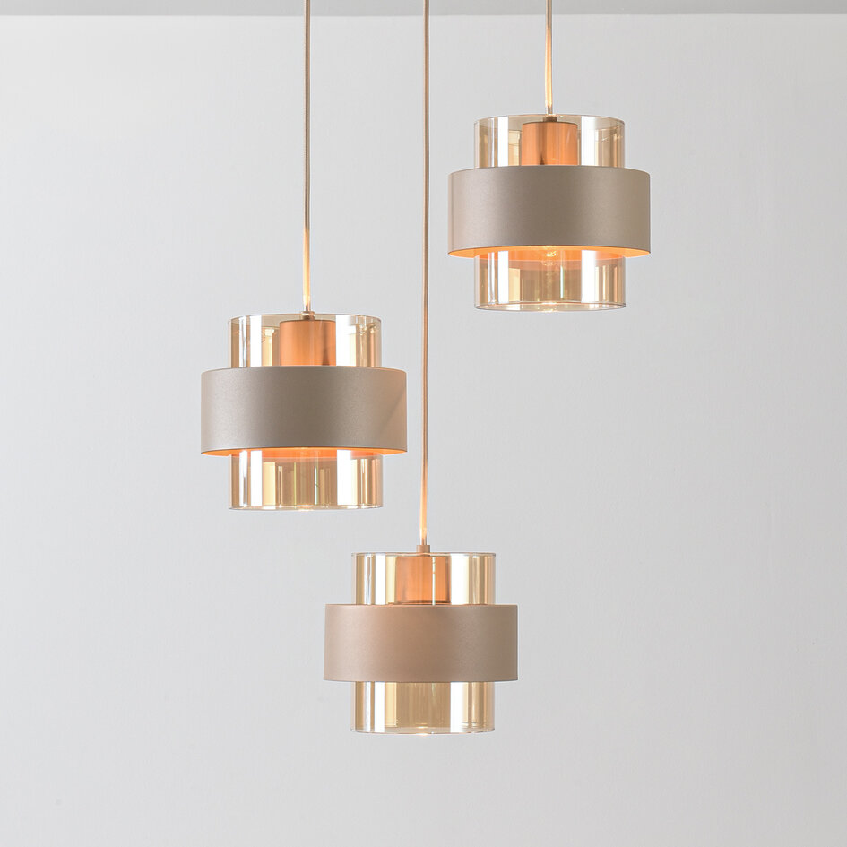 Hanglamp Kodi beige met amber glas, 3-lichts
