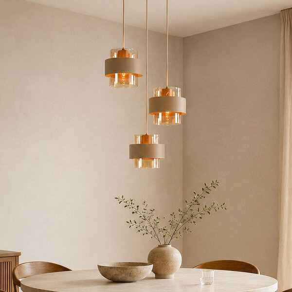 Hanglamp Kodi beige met amber glas, 3-lichts