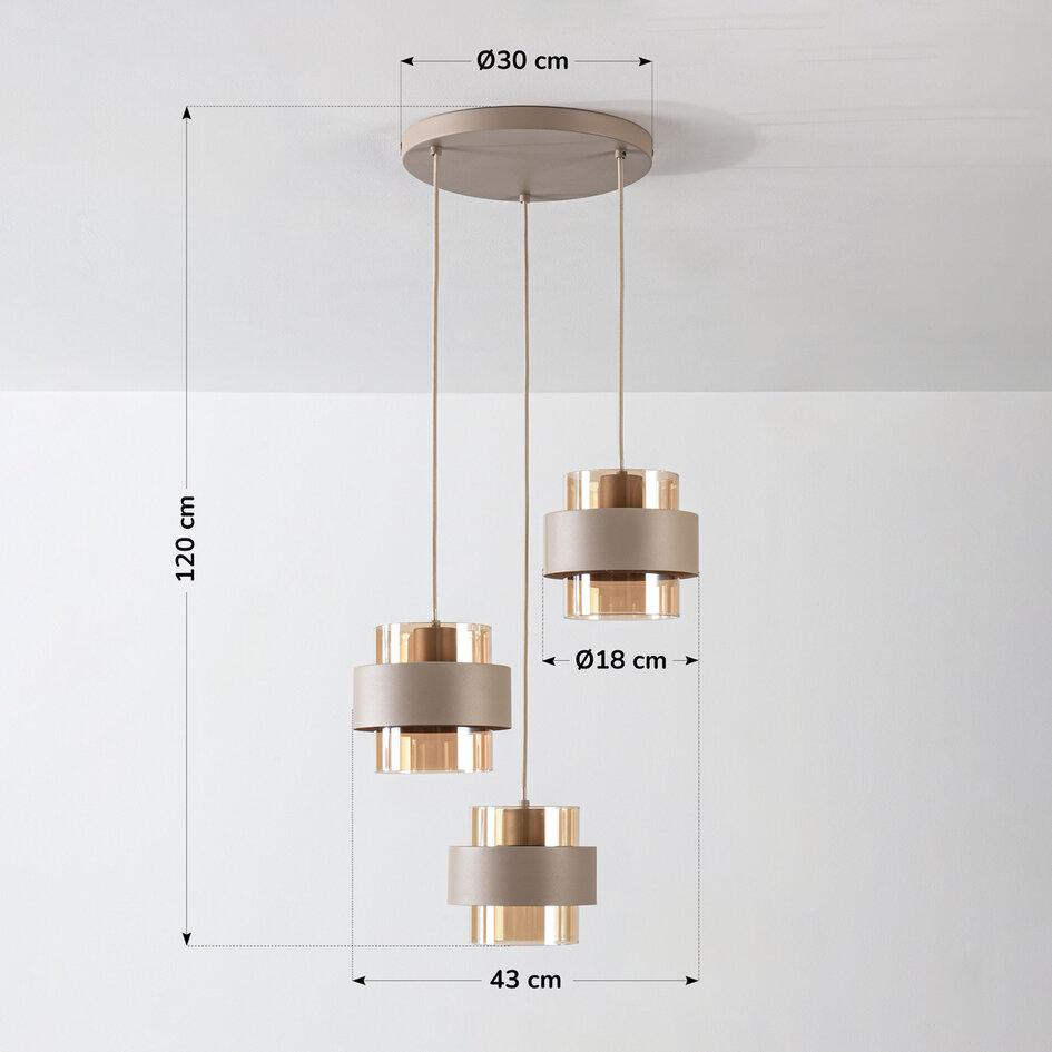 Hanglamp Kodi beige met amber glas, 3-lichts