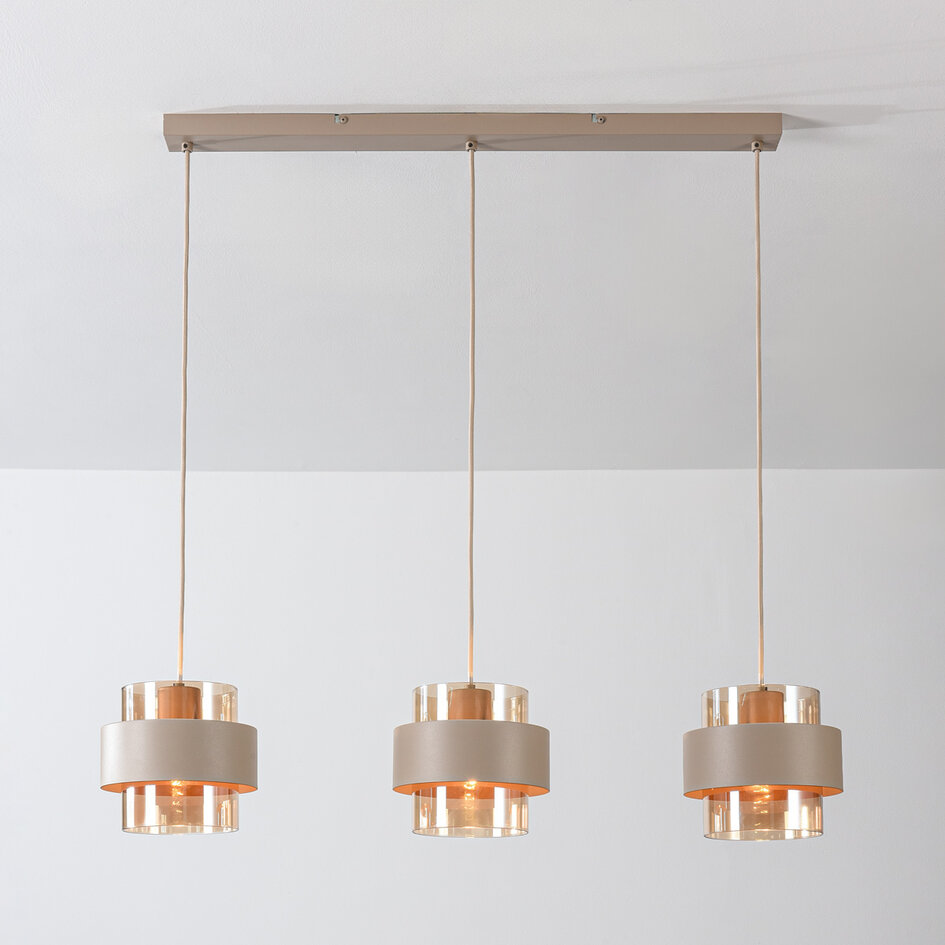 Hanglamp Klari beige met amber glas, 3-lichts
