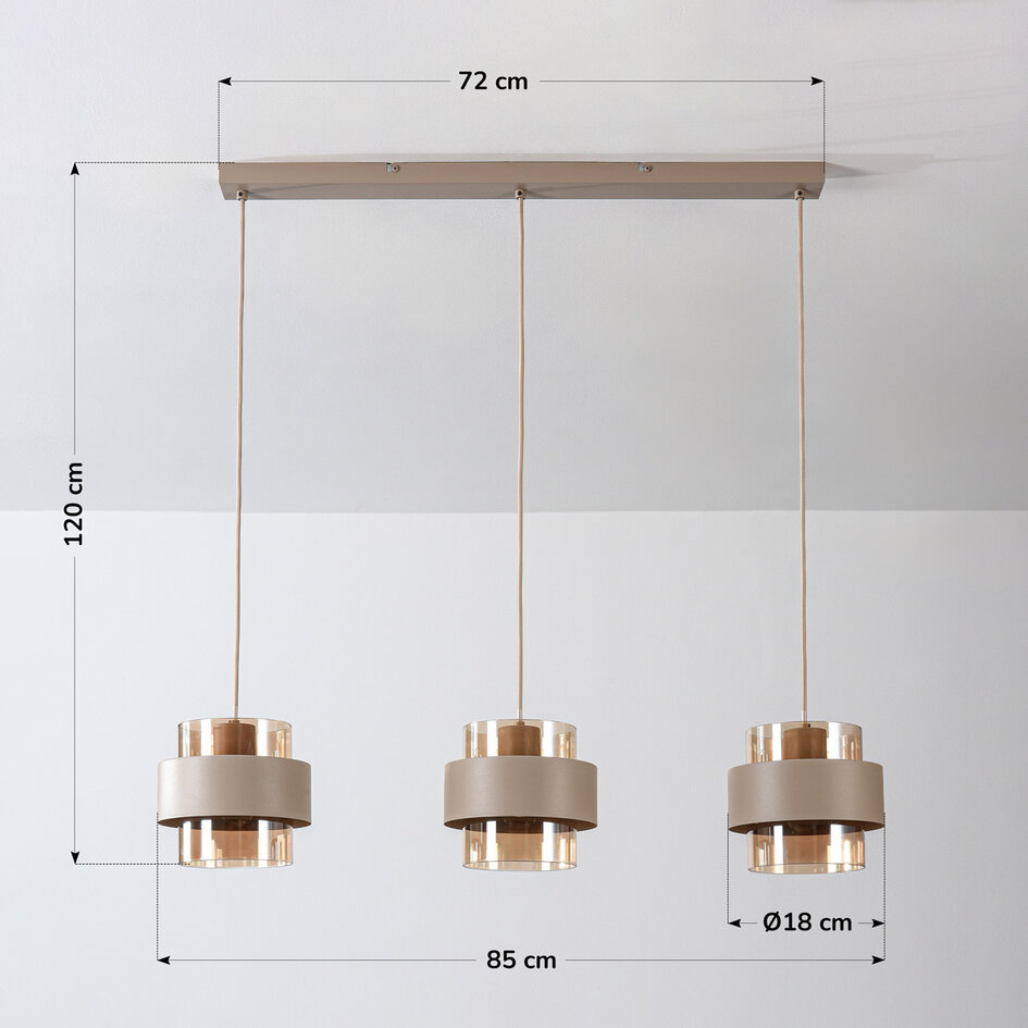 Hanglamp Klari beige met amber glas, 3-lichts
