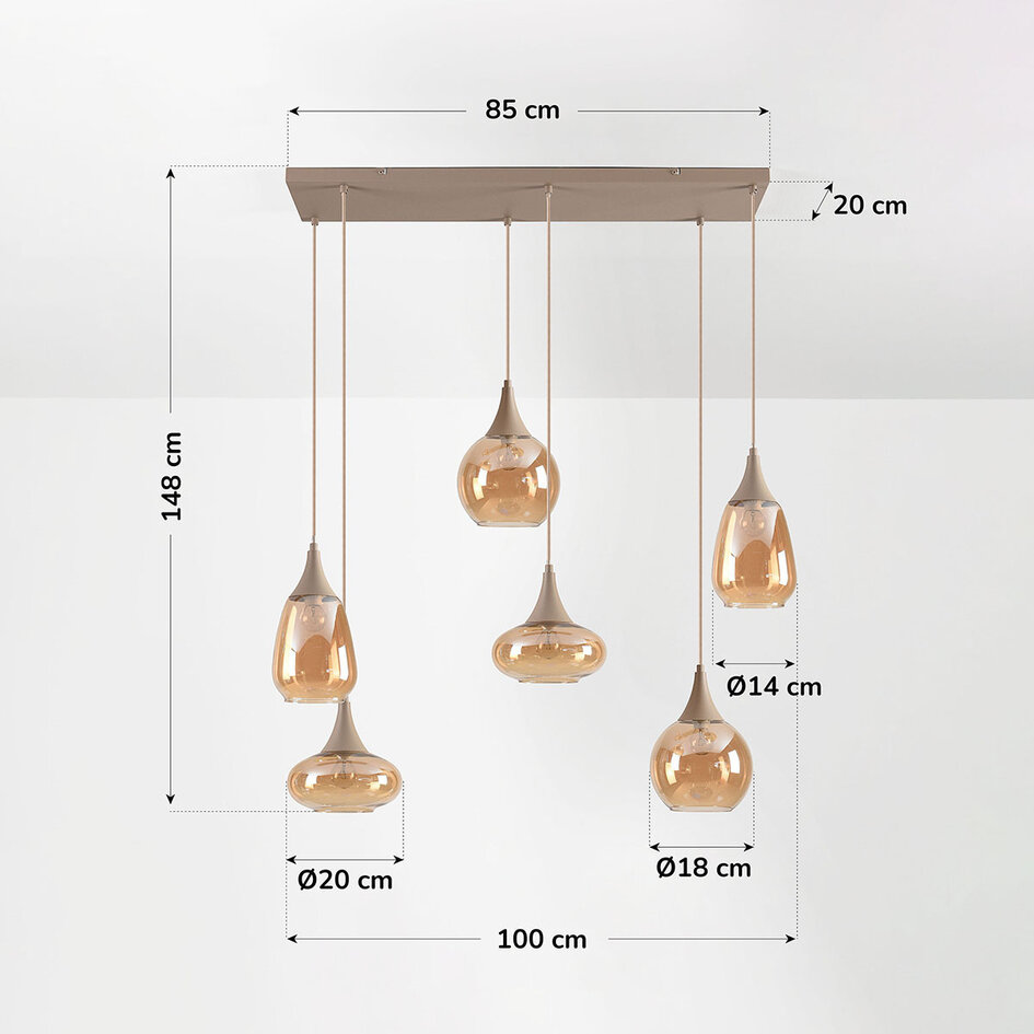 6-lichts hanglamp Loic met amber glas - zandbeige