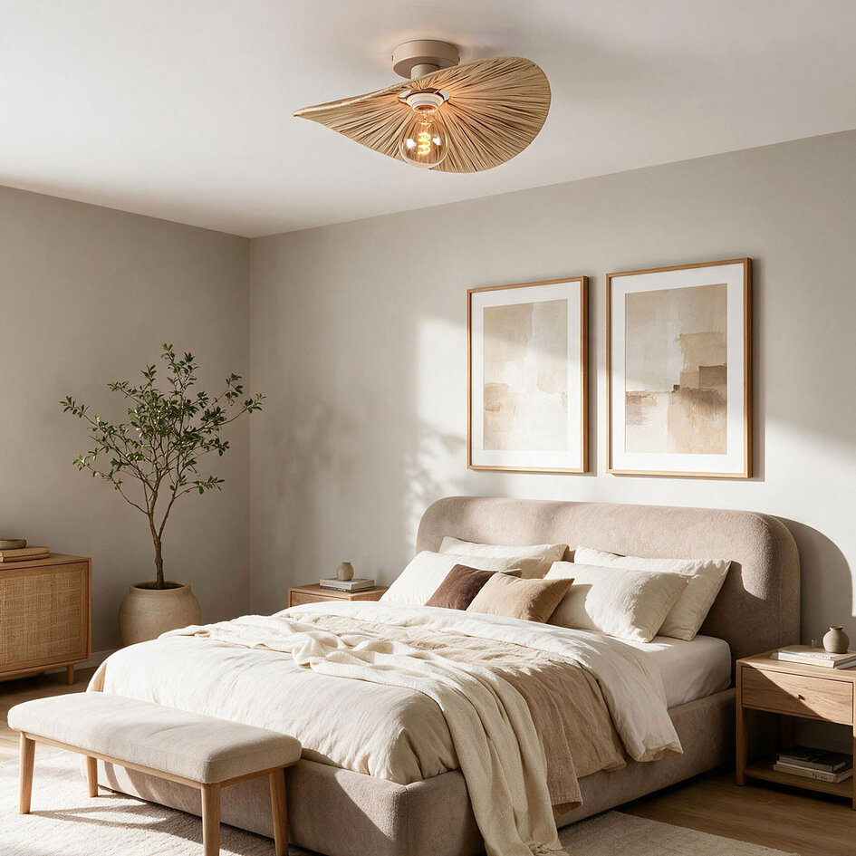 Plafondlamp Satu met handgevlochten raffia papier - beige