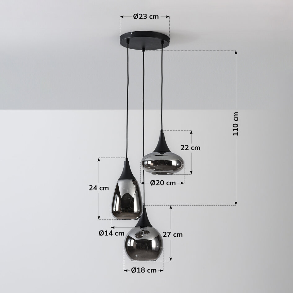 Moderne hanglamp met smoke glas, 3-lichts - Loua