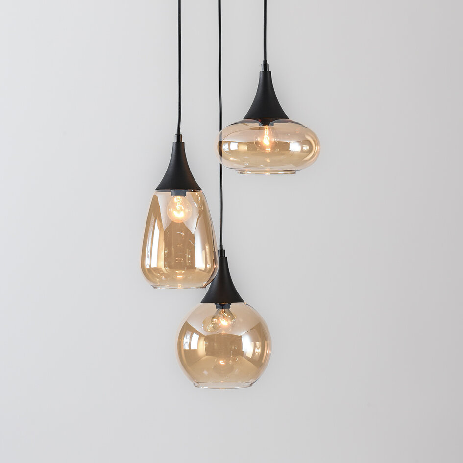 3-lichts hanglamp Loua - zwart met amber glas