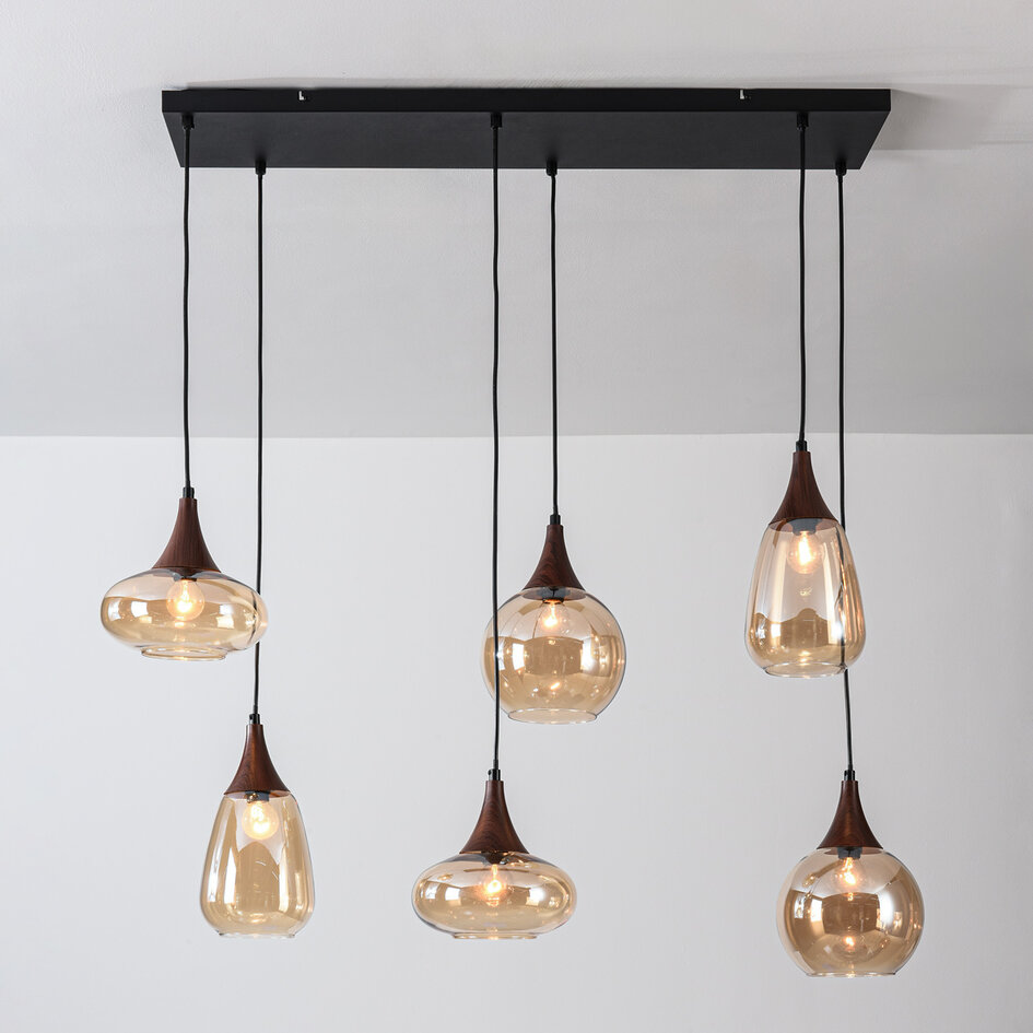 6-lichts hanglamp Loic - amber glas en houtlook