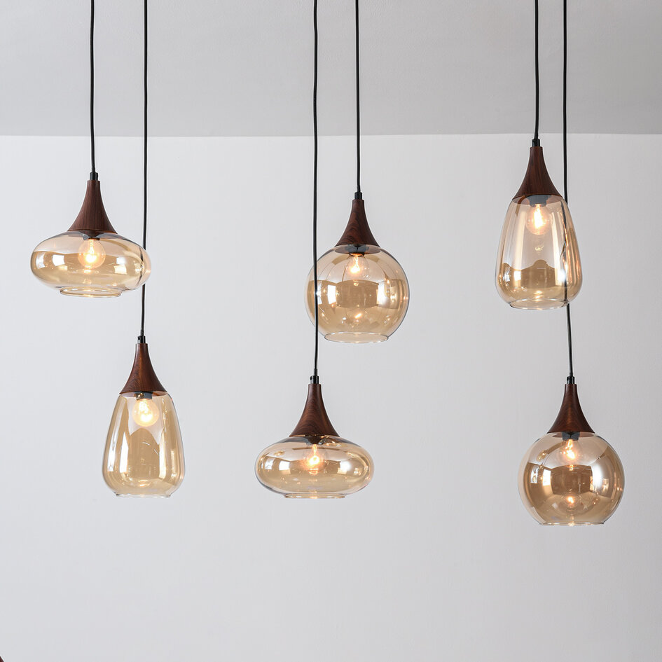 6-lichts hanglamp Loic - amber glas en houtlook