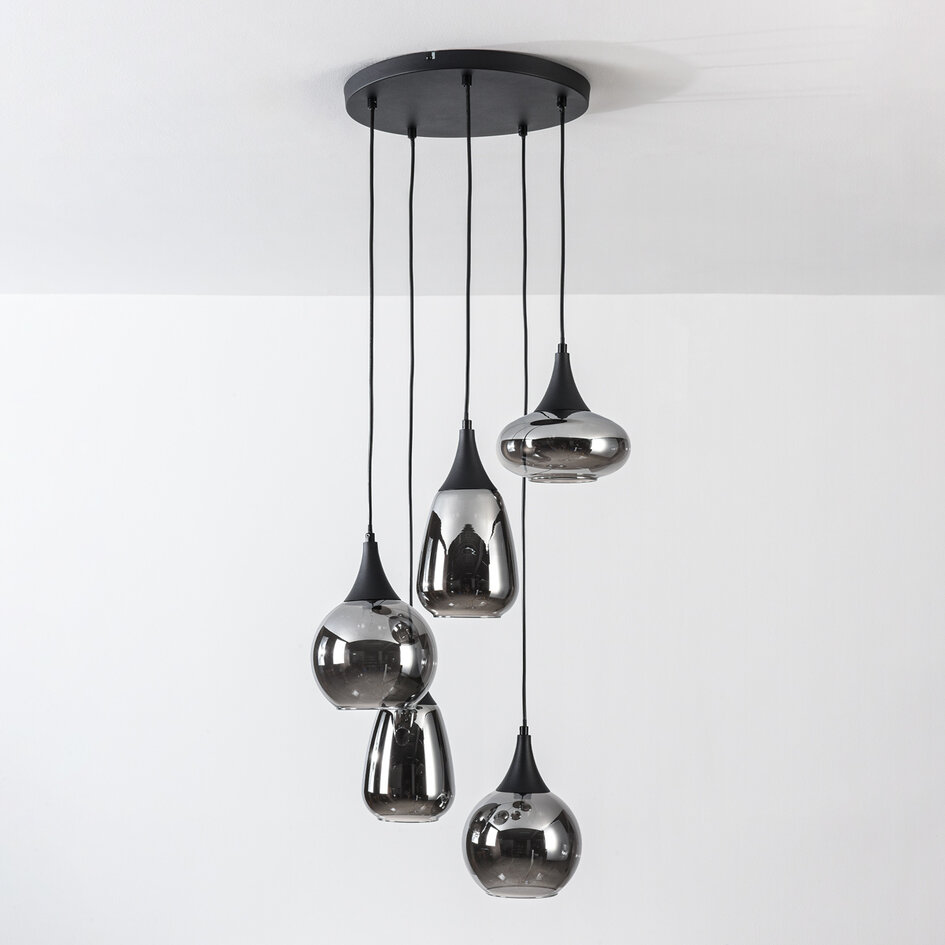 Zwarte hanglamp Loua met rookglas, 5-lichts