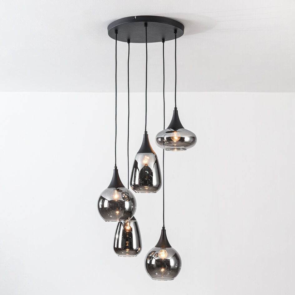 Zwarte hanglamp Loua met rookglas, 5-lichts