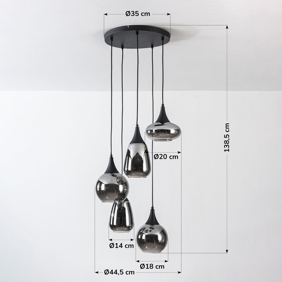Zwarte hanglamp Loua met rookglas, 5-lichts