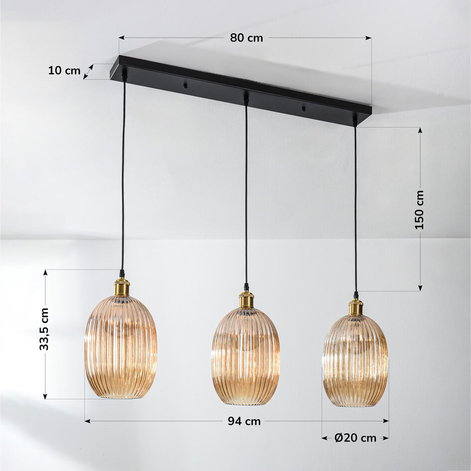 Hanglamp Erin 3-lichts van geribbeld amber glas