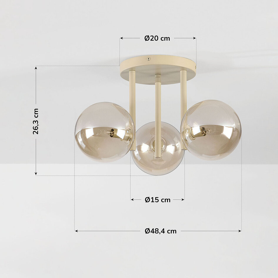Plafondlamp Elora met 3 cognac glazen bollen - beige