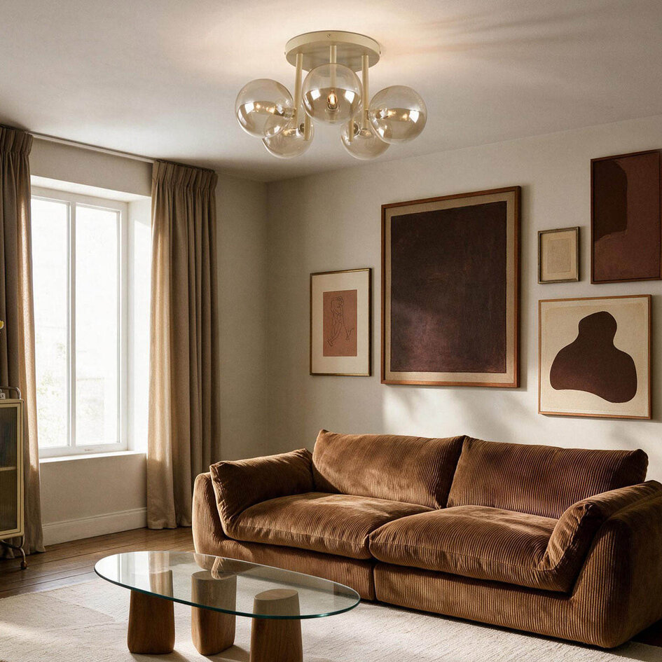 Plafondlamp Amora met 5 cognac glazen bollen - beige