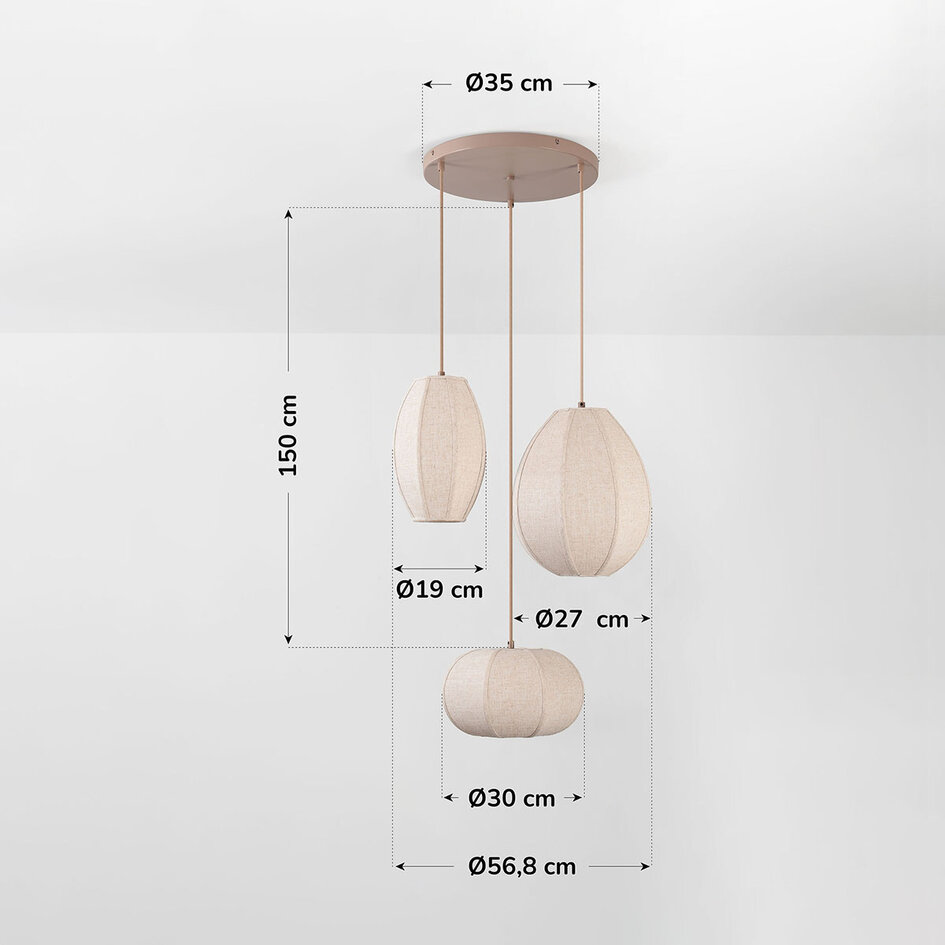 Hanglamp Jelina met 3 linnen kappen - taupe