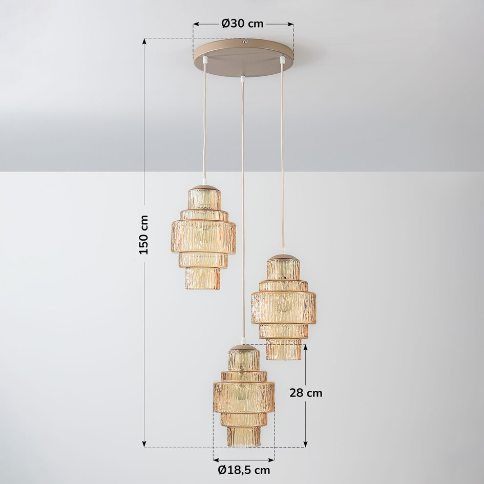Hanglamp Orina met 3 geribbelde amber glazen kappen - beige