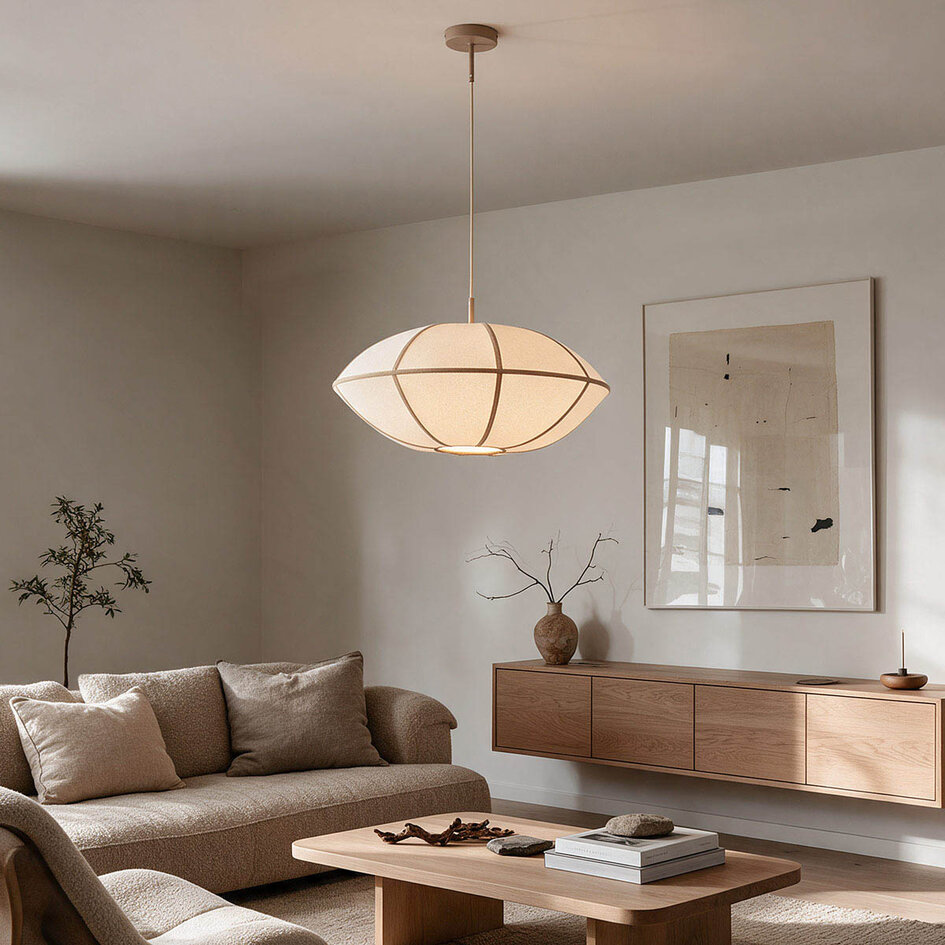 Hanglamp Ovala Ø60 cm - beige linnen kap met bruine accenten