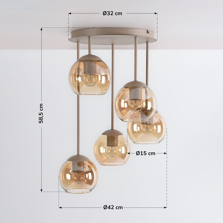 Plafondlamp Carato met 5 amber glazen bollen - beige