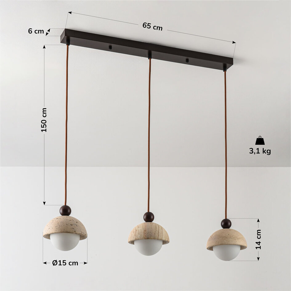 3-lichts hanglamp Vara - travertin (natuursteen), hout en melkwit glas