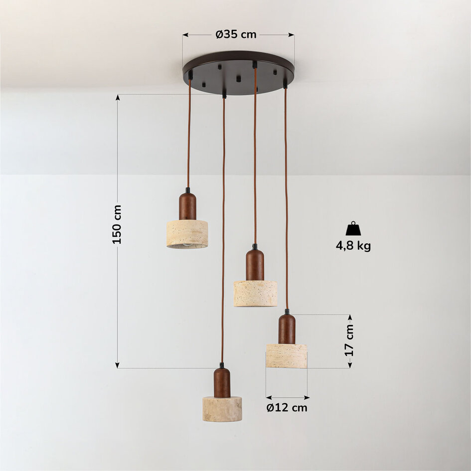4-lichts Japandi hanglamp Muro - travertin (natuursteen) en hout