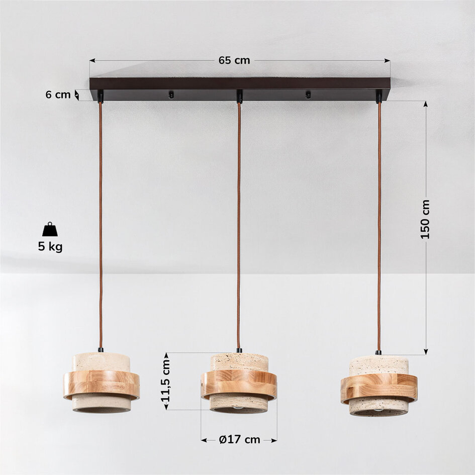 3-lichts hanglamp Travo - travertin (natuursteen) en licht hout
