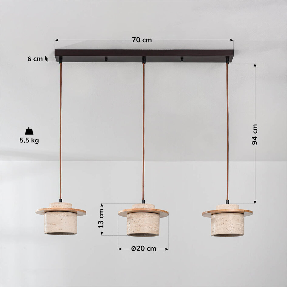 3-lichts Japandi hanglamp Travia - travertin (natuursteen) en licht hout