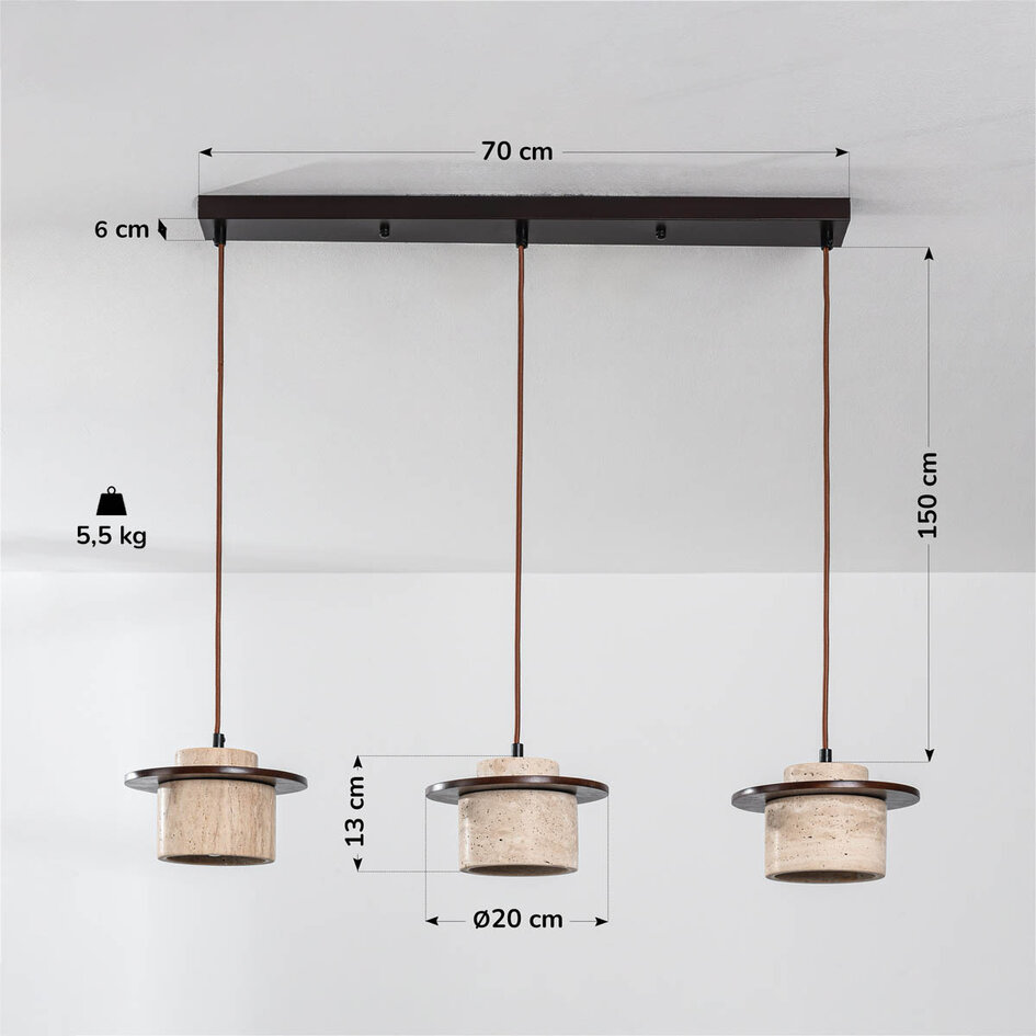 3-lichts Japandi hanglamp Travano - travertin (natuursteen) en hout