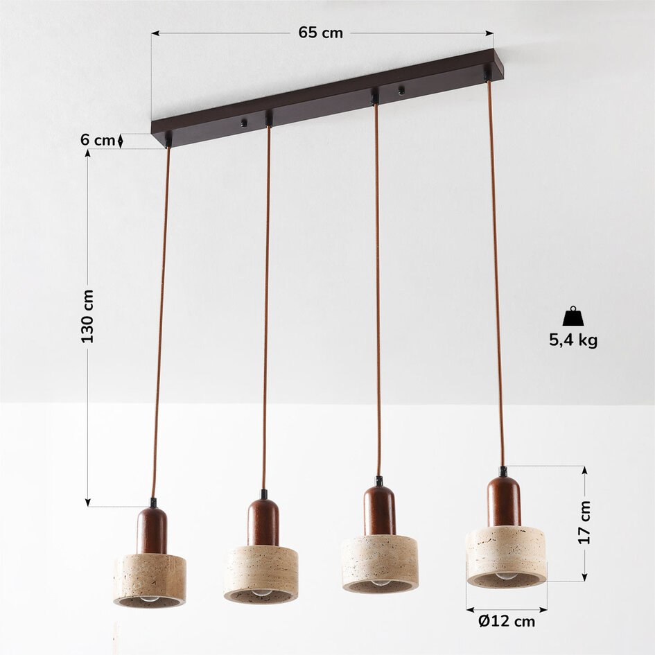 Luxe 4-lichts hanglamp Muro van travertin (natuursteen) en hout