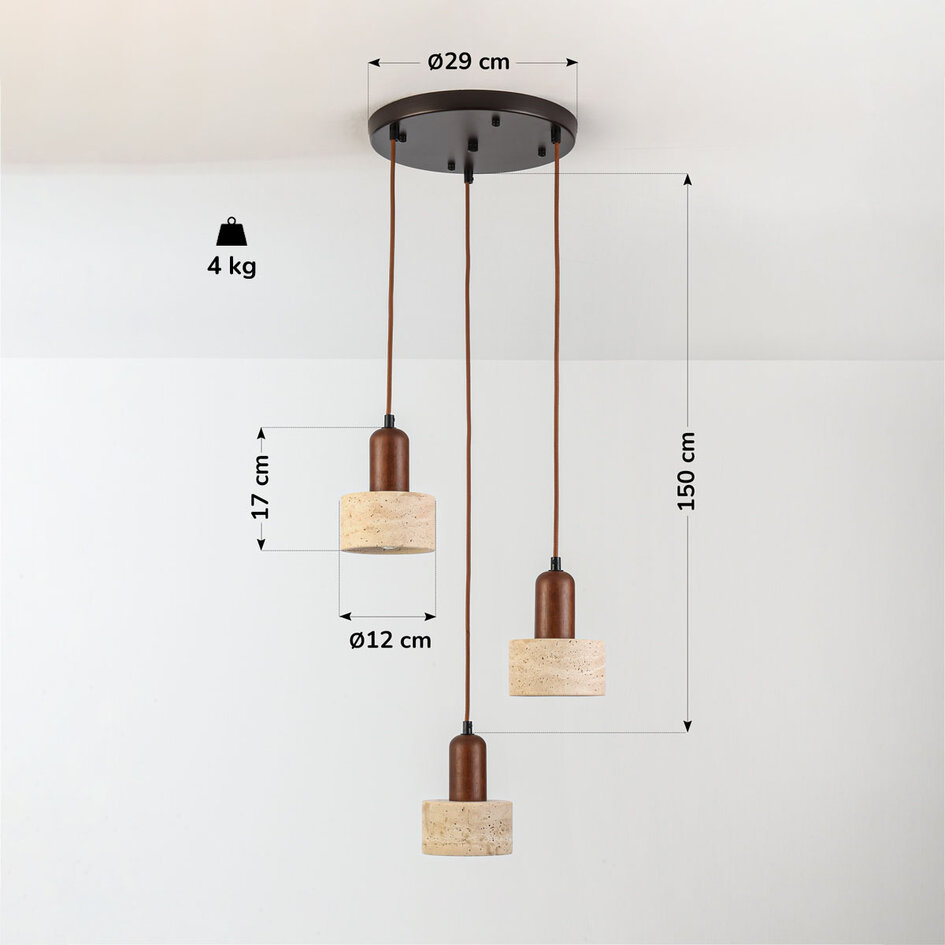 3-lichts Japandi hanglamp Muro - travertin (natuursteen) en hout